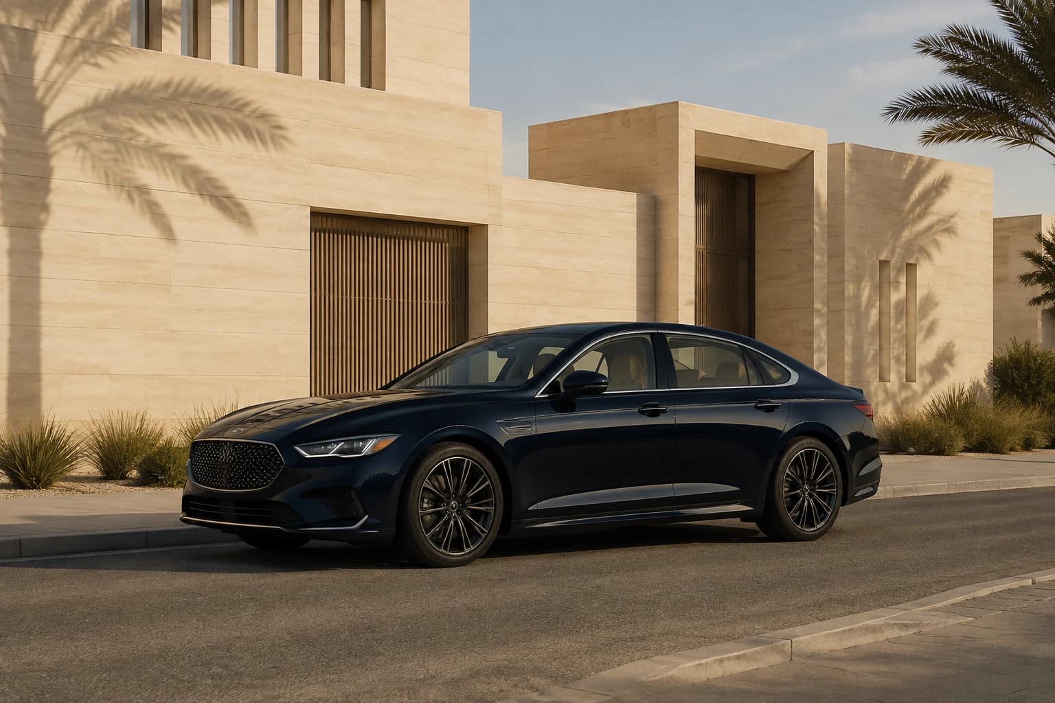 Illustration of a navy sedan outside warm stone architecture in afternoon light