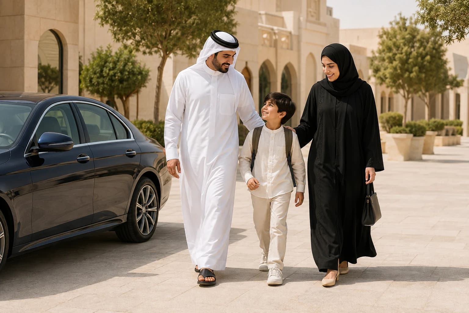 AI-generated illustration of a fictional Qatari family walking together beside a navy car
